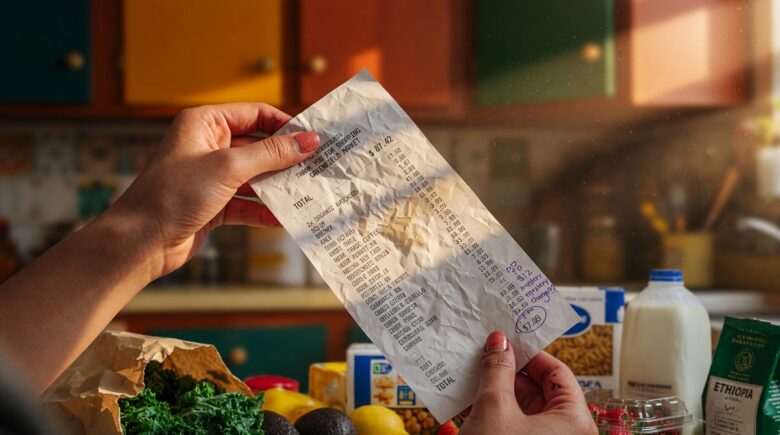 Person reviewing grocery receipts and categorizing purchases into piles on a kitchen table