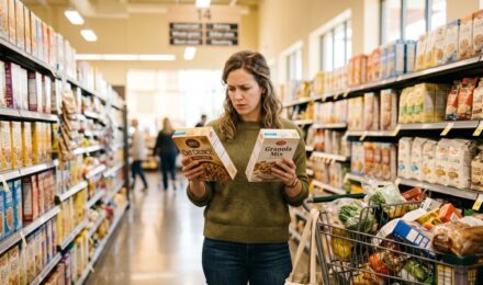 Person reviewing a grocery receipt while standing in a supermarket aisle with a full shopping cart