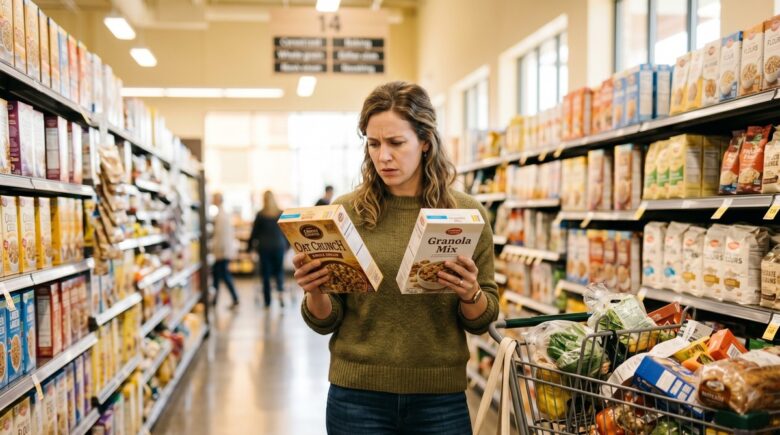Person reviewing a grocery receipt while standing in a supermarket aisle with a full shopping cart