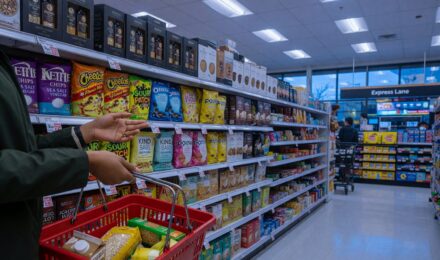 Overhead view of a grocery store aisle with products strategically placed at eye level to encourage purchases