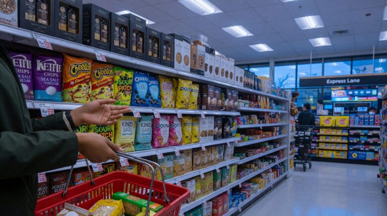 Overhead view of a grocery store aisle with products strategically placed at eye level to encourage purchases