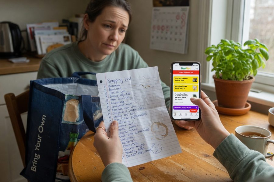 Person writing a structured weekly meal plan and grocery list at home
