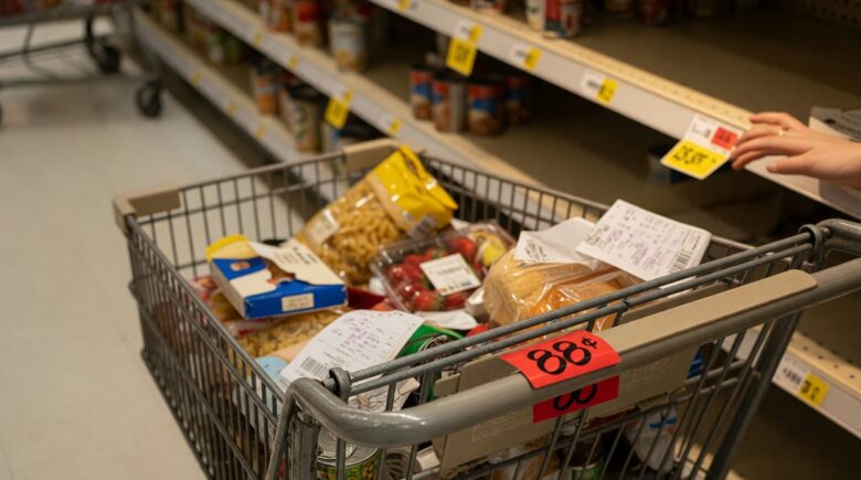 Grocery store shelves with price tags and products at various eye levels