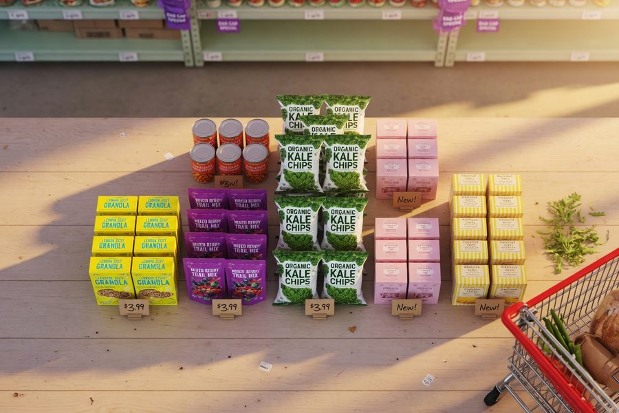 Grocery store aisle showing eye-level national brands versus lower-shelf store brands with price tags
