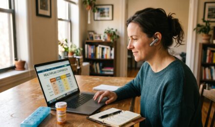 A gig worker reviewing health insurance plan options on a laptop at a kitchen table