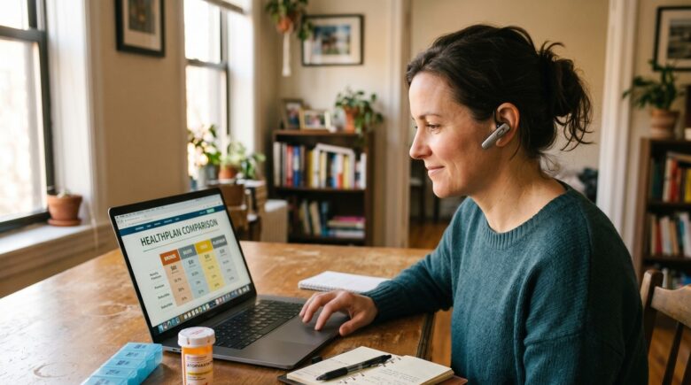 A gig worker reviewing health insurance plan options on a laptop at a kitchen table