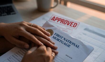 Couple reviewing mortgage documents with a loan officer at a desk