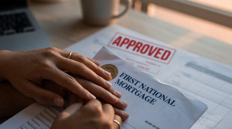 Couple reviewing mortgage documents with a loan officer at a desk