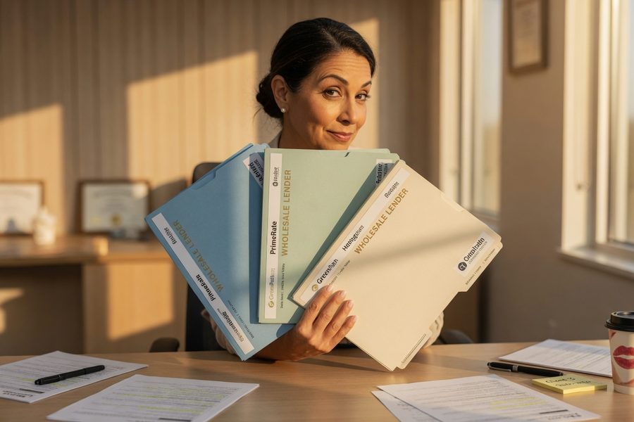 Mortgage broker reviewing loan documents with a couple at a desk