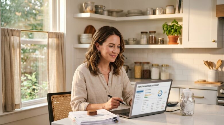Person reviewing high deductible health plan documents alongside an HSA contribution chart and medical receipts