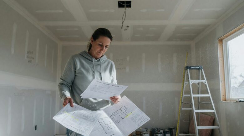 Homeowner reviewing renovation plans and loan documents at kitchen table