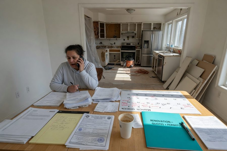 Detailed renovation budget spreadsheet with contingency line items and contractor payment schedule
