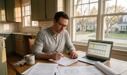 Homeowner reviewing home equity loan and HELOC documents side by side at a kitchen table