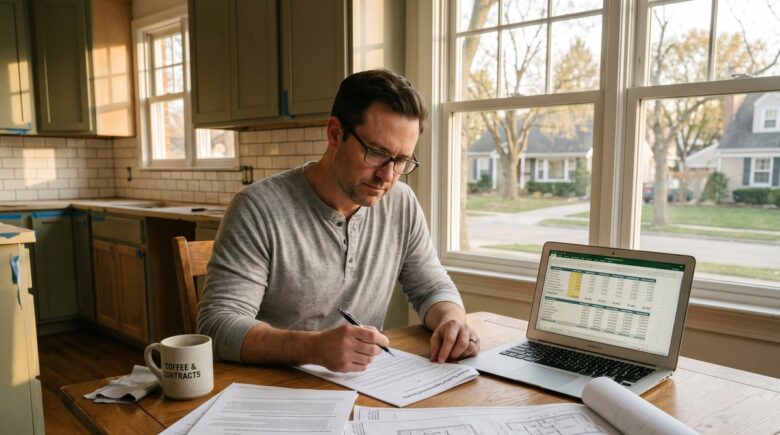 Homeowner reviewing home equity loan and HELOC documents side by side at a kitchen table