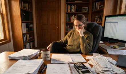 Person working at a dedicated home office desk with tax documents and a laptop, representing the home office tax deduction