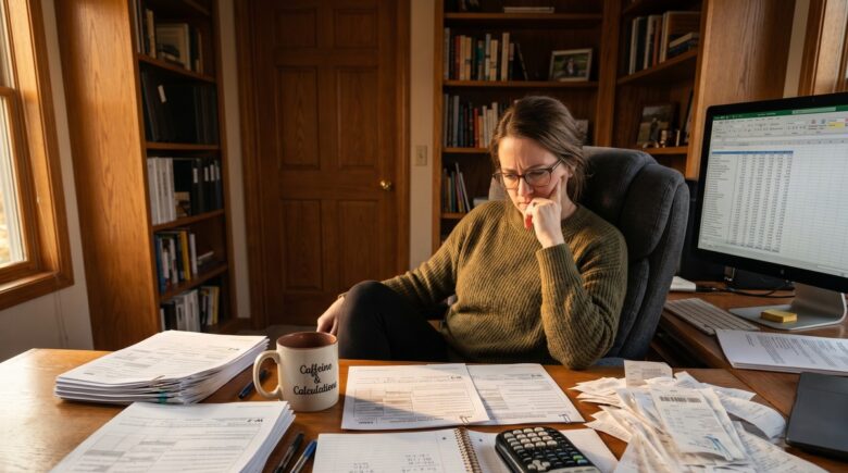 Person working at a dedicated home office desk with tax documents and a laptop, representing the home office tax deduction