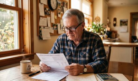 Retired couple reviewing Social Security income and tax documents at a kitchen table