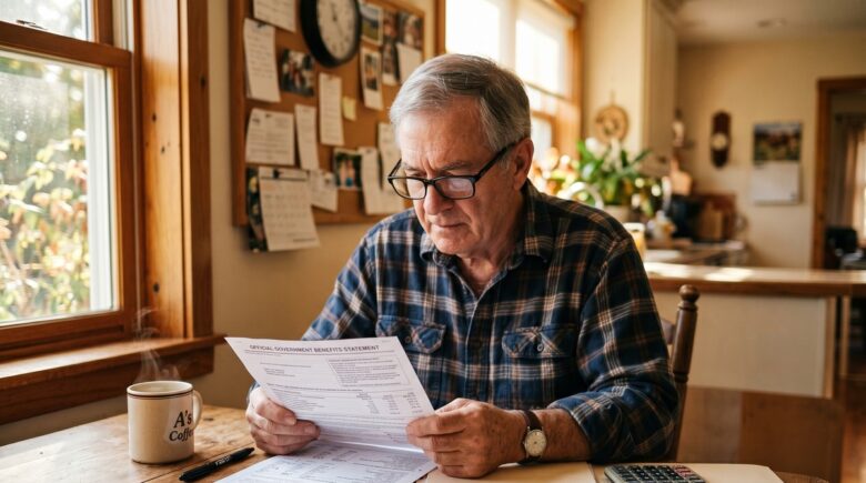 Retired couple reviewing Social Security income and tax documents at a kitchen table