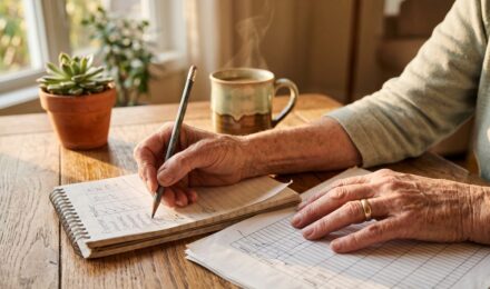 Older couple reviewing monthly budget and fixed income spending plan at home