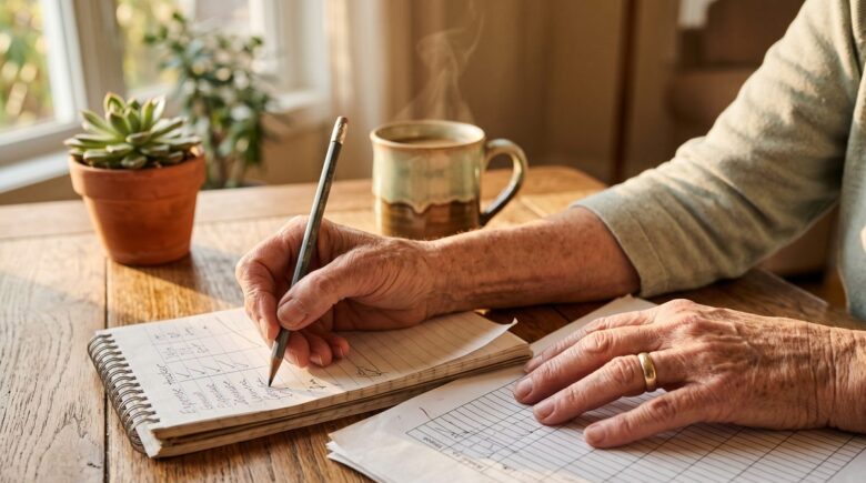 Older couple reviewing monthly budget and fixed income spending plan at home