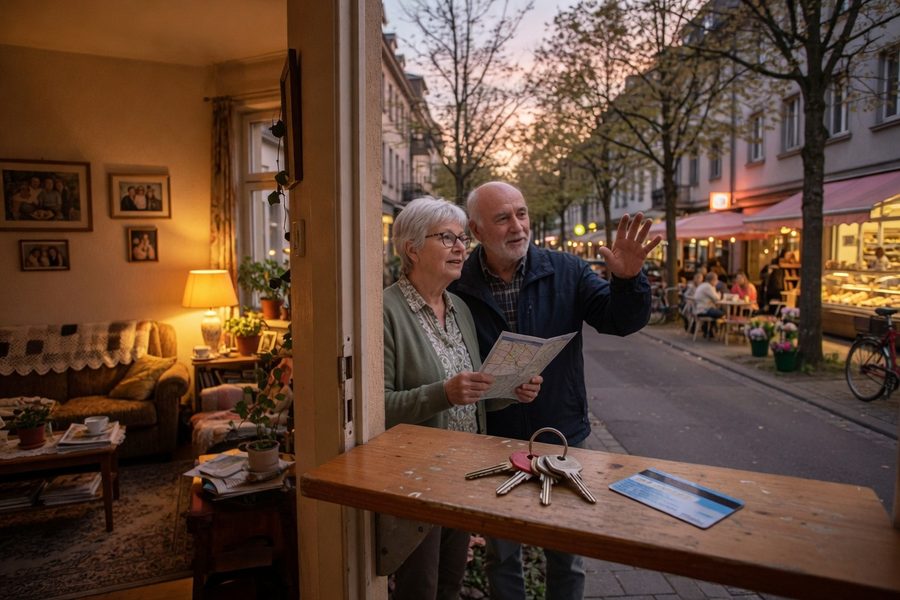 Retirees sitting in a low-cost rental apartment with a walkable downtown
