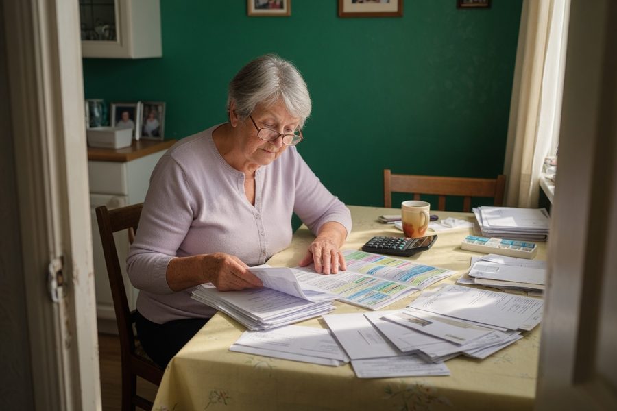 Retiree comparing Medicare plan options on a laptop with coffee nearby