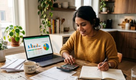 A freelancer reviewing monthly income and expenses on a laptop at a home desk with a notebook and calculator nearby