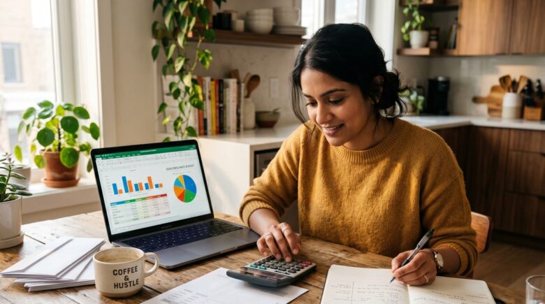 A freelancer reviewing monthly income and expenses on a laptop at a home desk with a notebook and calculator nearby