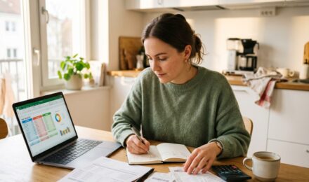 Person sitting at a kitchen table writing out a first monthly budget on paper with a calculator and bills nearby