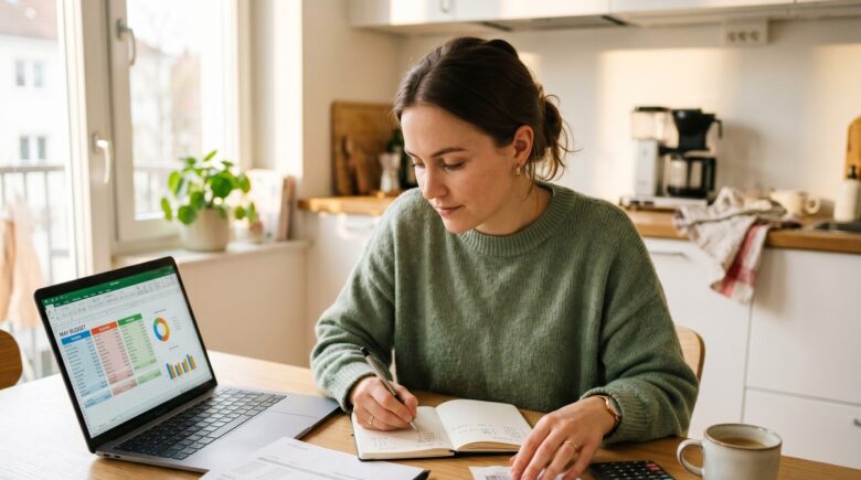 Person sitting at a kitchen table writing out a first monthly budget on paper with a calculator and bills nearby