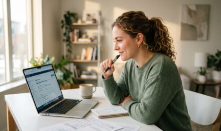 Young adult sitting at a desk reviewing tax documents and a W-2 form on a laptop for the first time