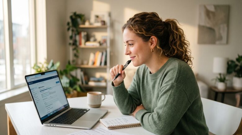 Young adult sitting at a desk reviewing tax documents and a W-2 form on a laptop for the first time
