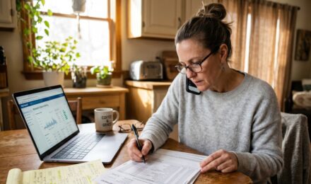 Person reviewing a medical bill and Explanation of Benefits document at a desk while on the phone with a hospital billing department