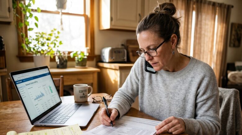 Person reviewing a medical bill and Explanation of Benefits document at a desk while on the phone with a hospital billing department