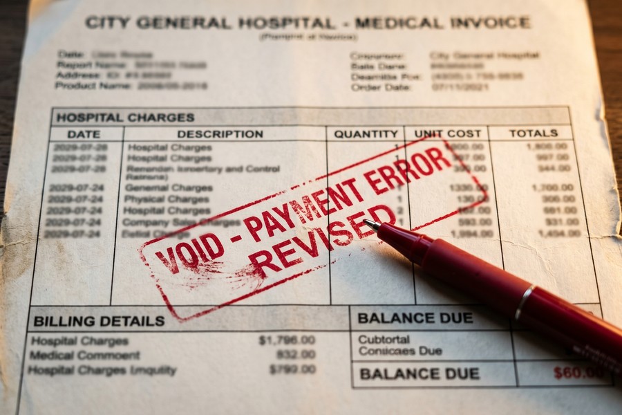 Patient reviewing an itemized medical bill line by line against an insurance EOB document
