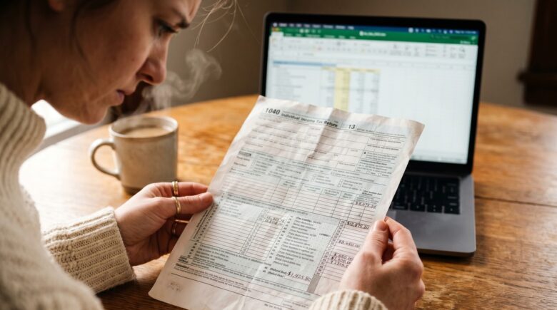 Close-up of a W-2 tax form with each numbered and lettered box visible on a white desk