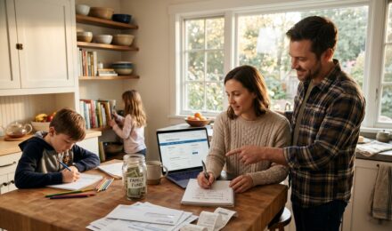 A family of four reviewing their healthcare expenses and insurance documents at a kitchen table