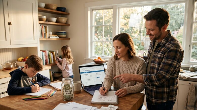 A family of four reviewing their healthcare expenses and insurance documents at a kitchen table