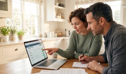 Homebuyer comparing mortgage offers from multiple lenders on a laptop at a kitchen table