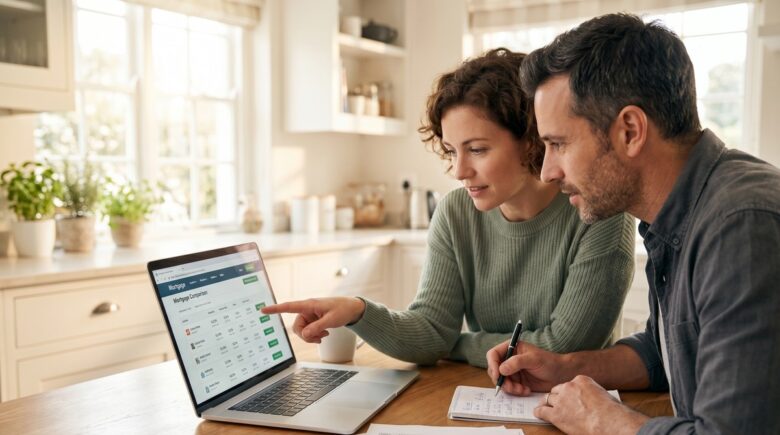 Homebuyer comparing mortgage offers from multiple lenders on a laptop at a kitchen table