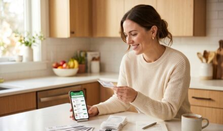 Person using a smartphone loyalty app at a grocery store checkout to redeem digital coupons