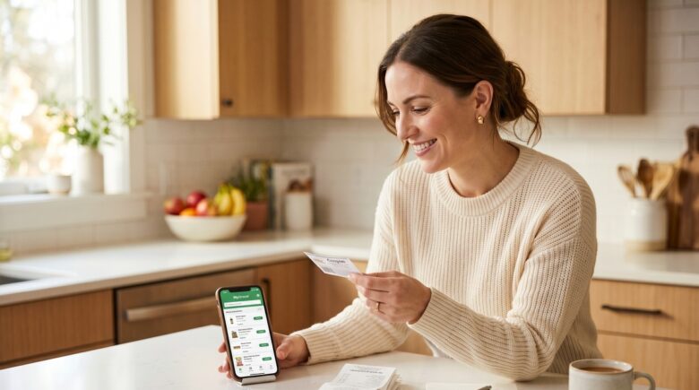 Person using a smartphone loyalty app at a grocery store checkout to redeem digital coupons