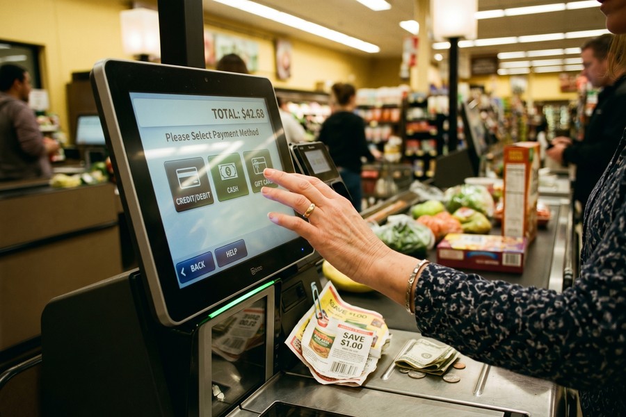 Person browsing a grocery store loyalty app on a smartphone while pushing a cart