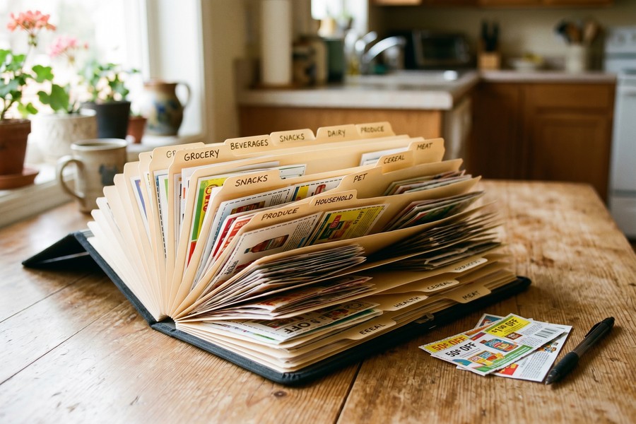 Simple accordion file folder with grocery coupons sorted by expiration date