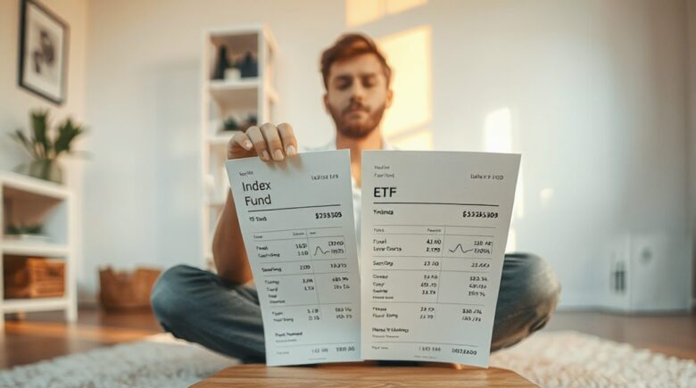 Comparison chart showing index funds and ETFs side by side with expense ratios and performance metrics