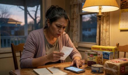 Consumer reviewing receipt and adjusting shopping list in response to inflation