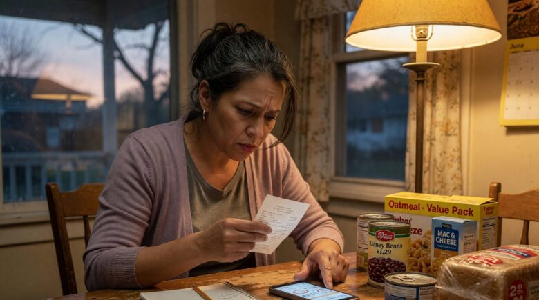 Consumer reviewing receipt and adjusting shopping list in response to inflation