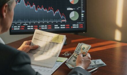 Investor reviewing portfolio during economic recession with market charts and financial data