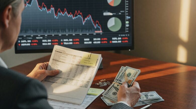 Investor reviewing portfolio during economic recession with market charts and financial data