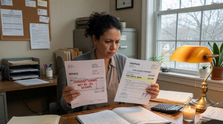 Comparison chart showing invoice factoring and merchant cash advance terms side by side
